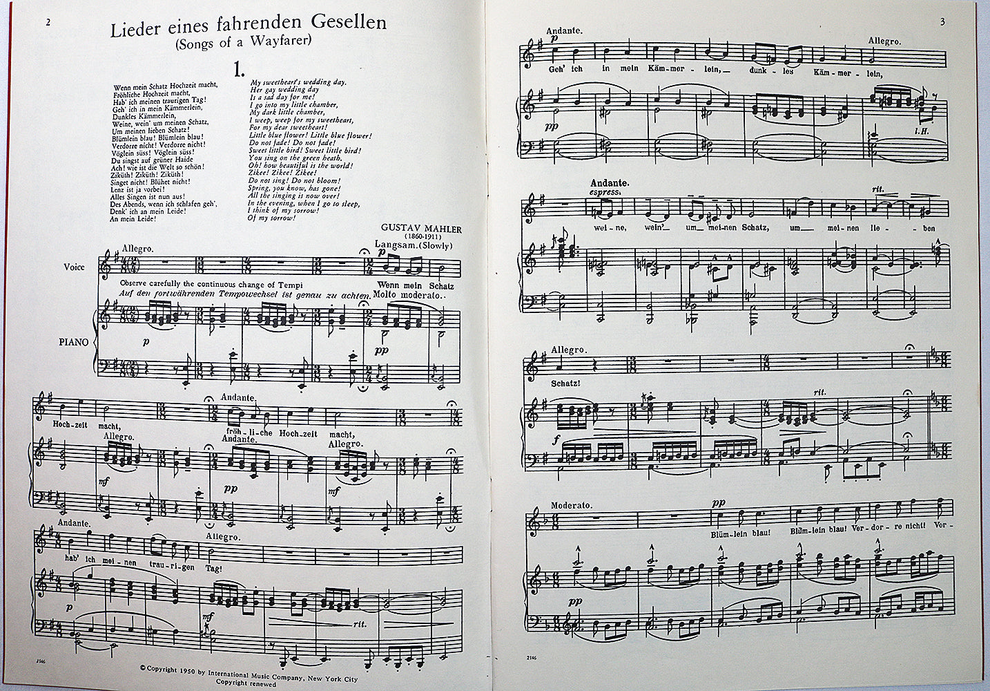Mahler: Lieder eines fahrenden Gesellen (Songs of a Wayfarer) for Voice and Piano (High)