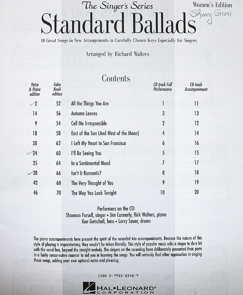 The Singer’s Series: Standard Ballads, Women’s Edition (CD included)