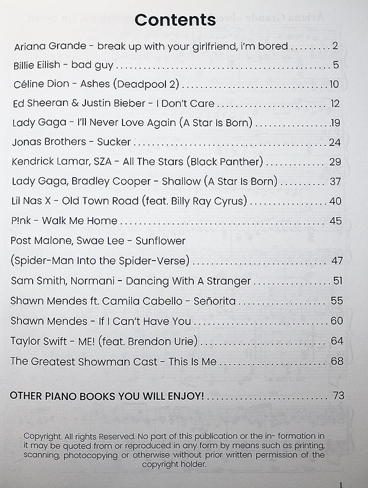 2019 Greatest Pop & Movie Hits Songbook for Piano