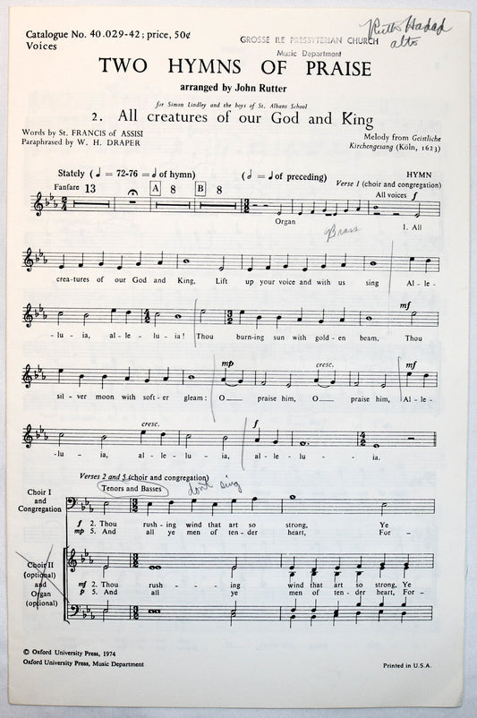 Rutter: Two Hymns of Praise: 2. All Creatures of our God and King (Choral Octavo)